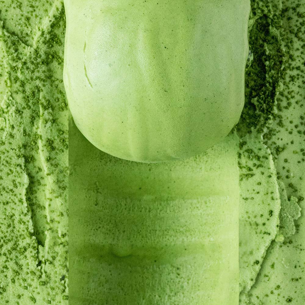 Close-up of half scooped kiwami matcha gelato