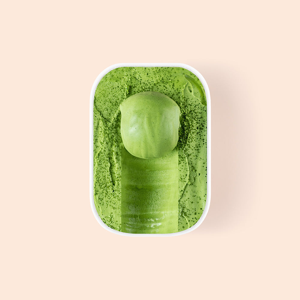 Overview of half scooped kiwami matcha gelato