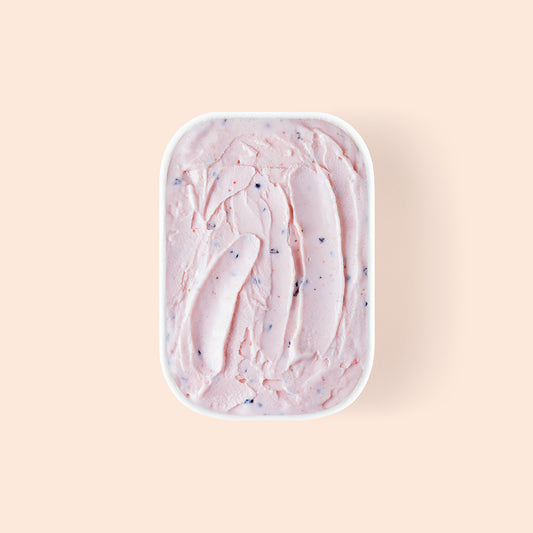 Overview of strawberry cacao nibs gelato